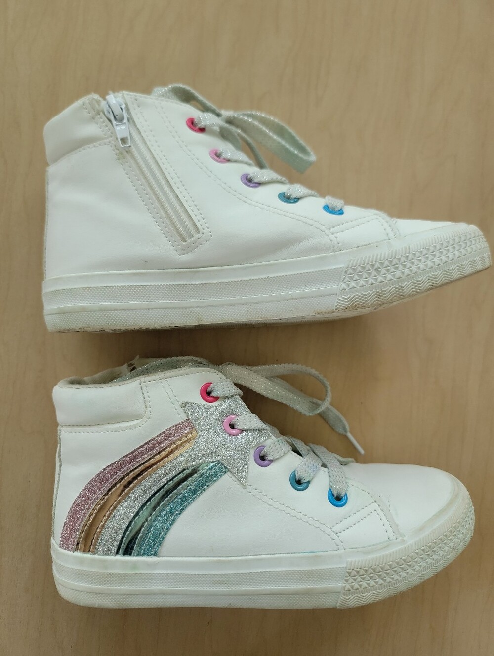 Weestep Kids White High-Top Zipper Sneakers with Rainbow Glitter Accents Size 1